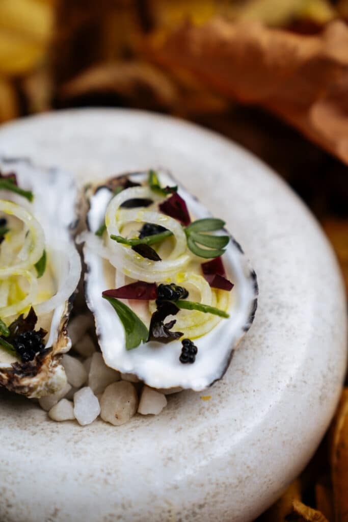 Oesters bij Flambée met venkel, zeewier en kaviaar, geserveerd op een stenen schaal.