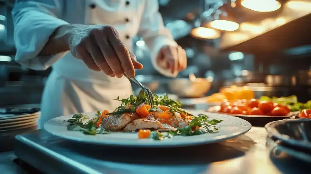 Chef werkt in de keuken een bord met vis, groenten en kruiden af.